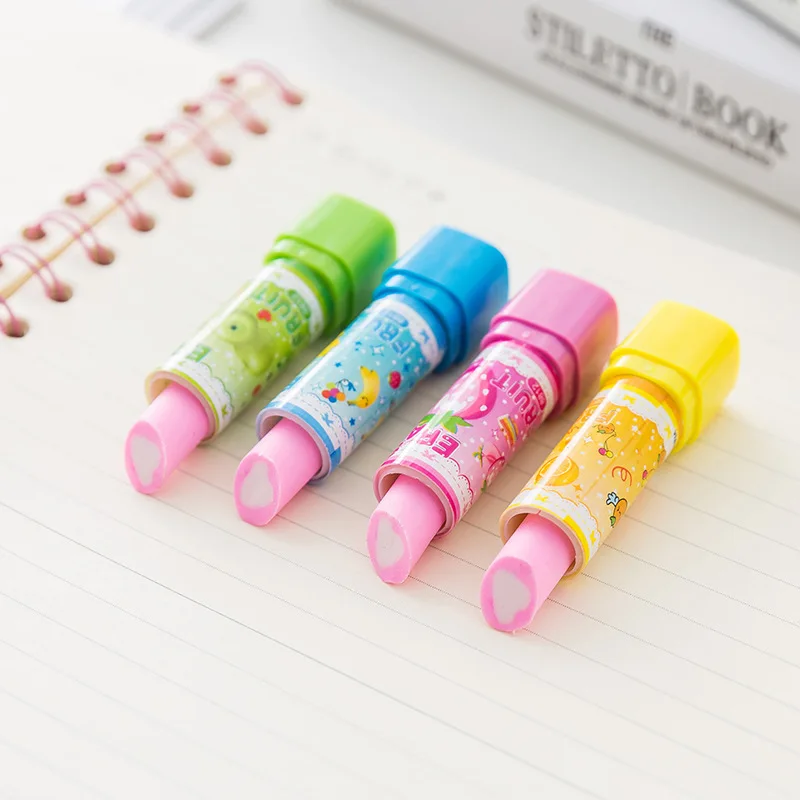 

2pcs Kawaii Lipstick Shape Erasers Novelty Cartoon Rubber Fruit Print Eraser for School Office Supplies Correction Accessories