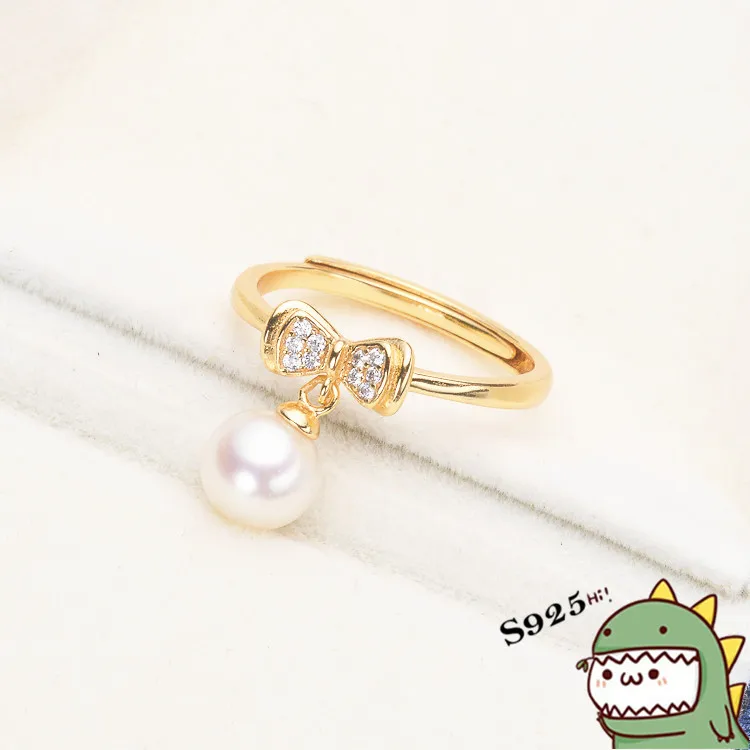 

925 Sterling Silver Bow AAA freshwater pearls Ring Lovely Goddess Opening