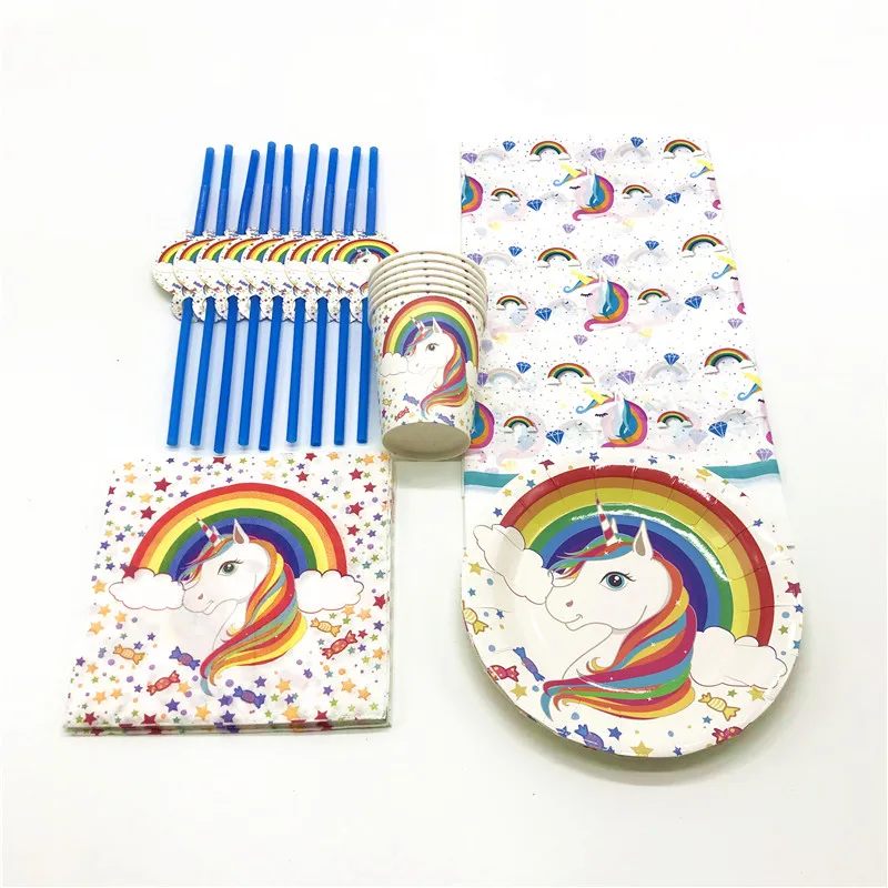 

Rainbow Unicorn Theme 47Pcs/Lot Cup+Plate+Napkin+Straw Wedding Festival Boy Girl Birthday Party Baby Shower Tablecloth Supply