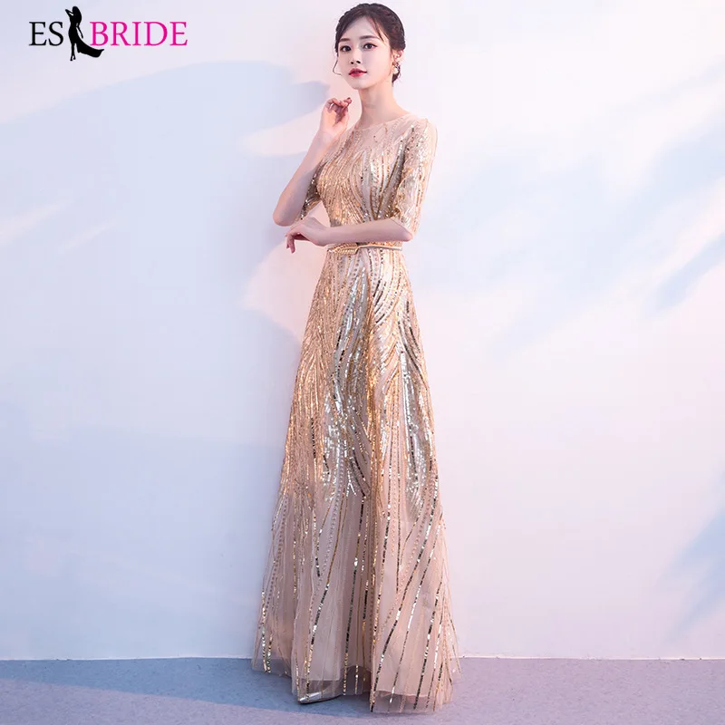 Luxury Evening Dresses Long Fashion Gorgeous Gold Shiny Bead Piece Evening Dress Party Elegant A-line Robe De Soiree ES2611