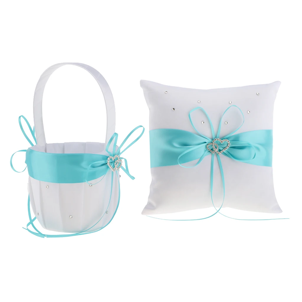 1 Set Crystal Rhinestone Double Heart Blue Wedding Ring Pillow Flower Girl Basket White Garden Supplies
