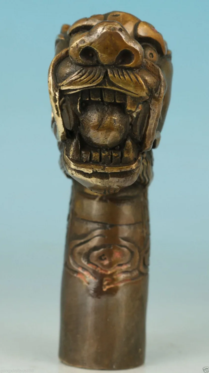 CHINESE OLD COPPER HAND CARVED FEROCITY DRAGON STATUE WALKING STICK HEAD