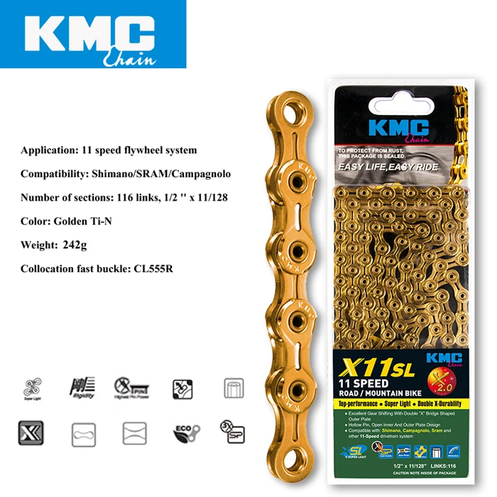 Cheap KMC X11SL gold silvery bicycle chain 11 speed 116 links quick link full hollow 242g MTB mountain bike chain road 11 variable 1