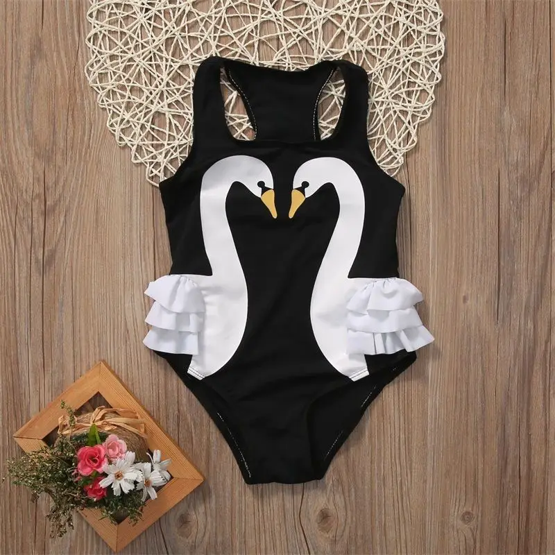 

Cute Two Swan Print Black One Piece 2017 New Summer Toddler Kids Baby Girl Bikini Swimwear Swimsuit Swimming Costumes