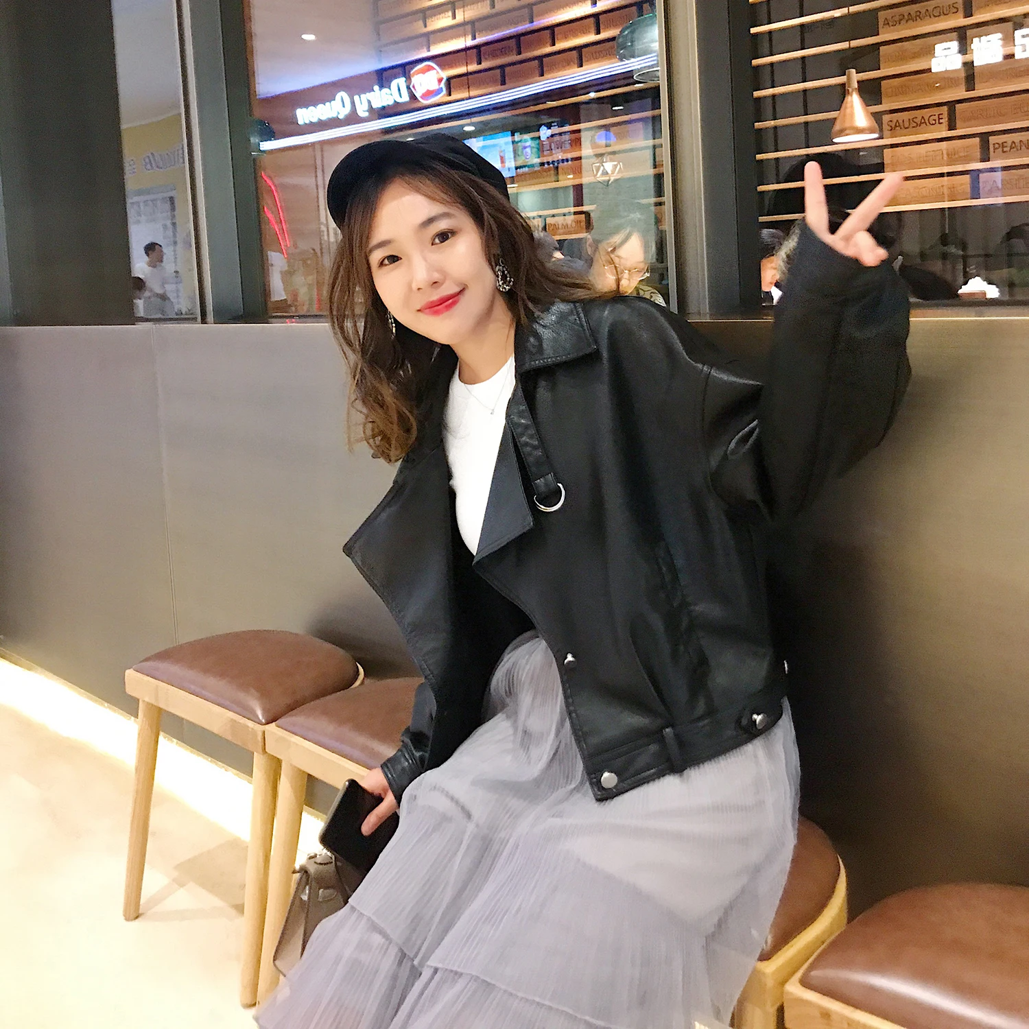 Ftlzz Autumn Faux Leather Jacket Women Loose Turndown Collar Single Breasted Motorcycle Leather Coats