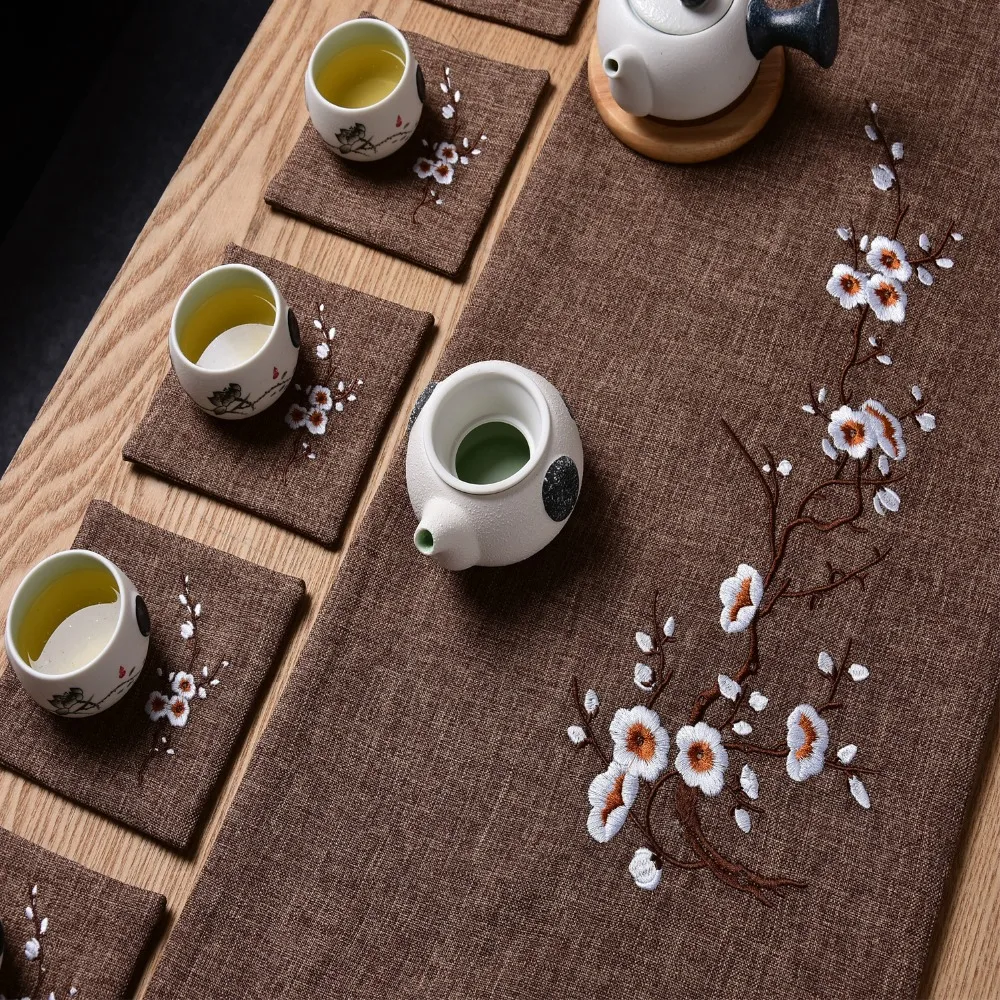 Китайский стиль сливы цветок вышитые коврик для чайного столика дзен стиль скатерть для стола чай лоток изоляции площадку для чайной церемонии