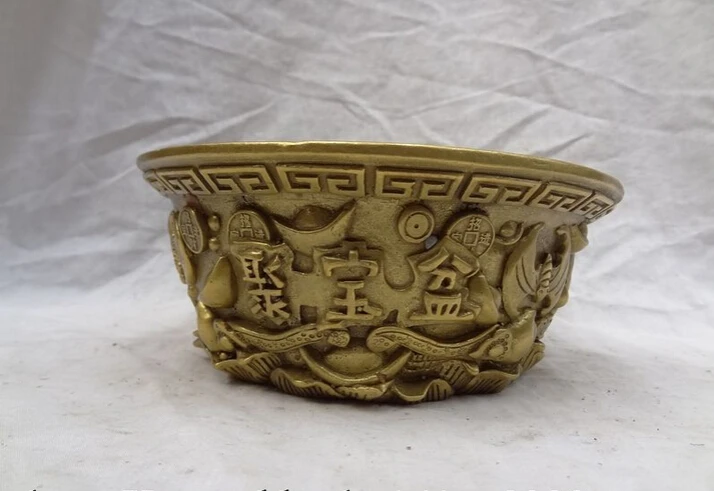 

USPS to USA S1465 8" China Pure Brass RuYi Reremouse Statue Wealth YuanBao Coin Treasure Basin Pot B0401