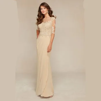 

Beaded Lace Champagne Plus Size Mother of The Bride Dresses For Weddings 2019 Chiffon Half Sleeve Groom Godmother Dresses Gowns