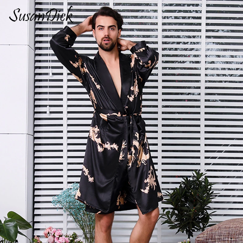 SusanDick дизайнер Для мужчин халат шелк пижамы с длинным рукавом шелковый атлас кимоно плюс Размеры Для мужчин с длинными халат домашняя