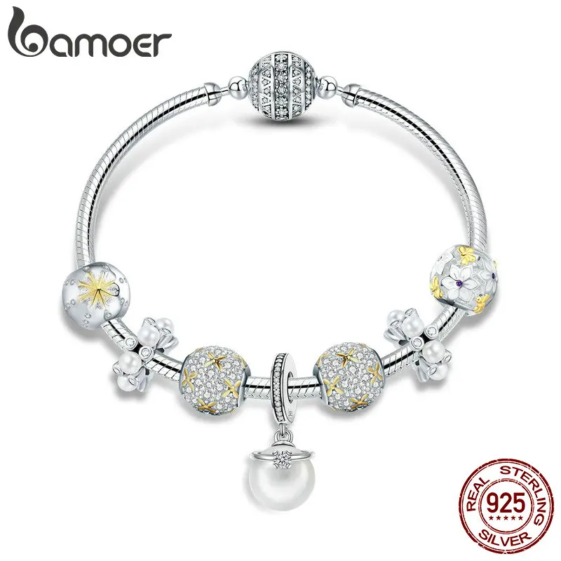 

BAMOER 925 Sterling Silver White Daisy Flower Dazzling CZ Pendant Bracelets Bangles for Women Sterling Silver Jewelry SCB806