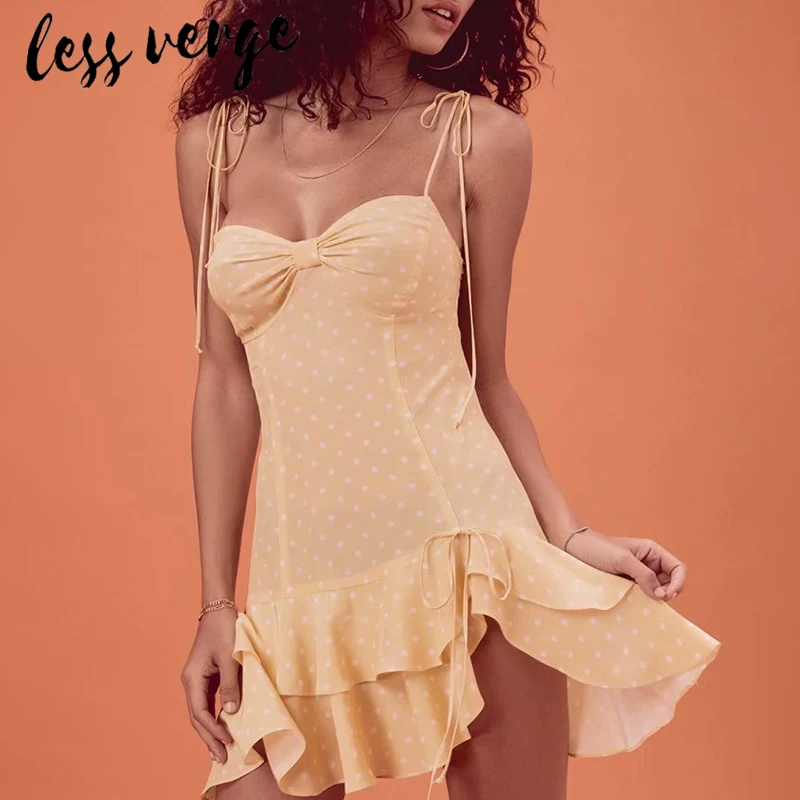 

lessverge Polka dot yellow ruffles vintage dress Elegant lace up sexy bodycon dress Women a line backless summer dress vestidos