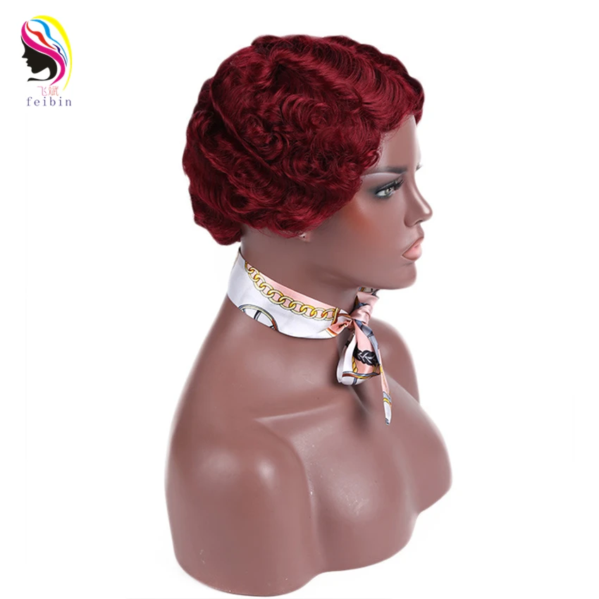 Feibin Короткие афро парик для черный Для женщин красные синтетические волосы полной головки светлые черный волна воды парики C13