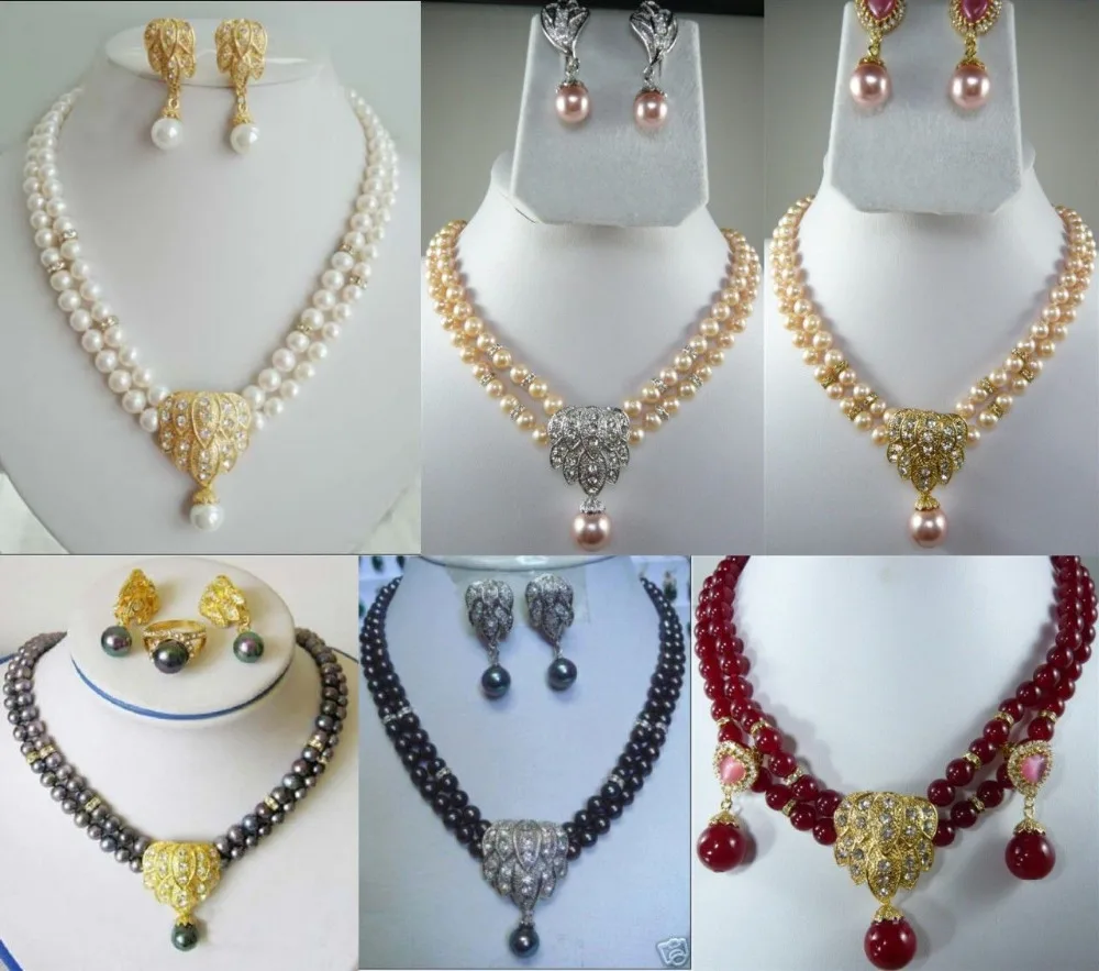

Miss charm Jew.294 9color-2row white/pink/black pearl green/red jade necklace shell pendant earring can choose jewelry set (A042