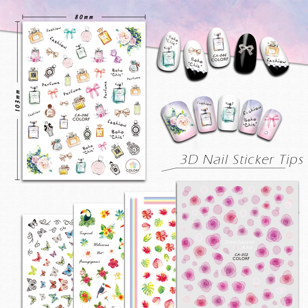 

1pcs Nail Art Decoration Stickers 3D Self-Adhesive DIY Decals Tips Flower Butterfly Designs Rainbow Color Manicure SACA046-054