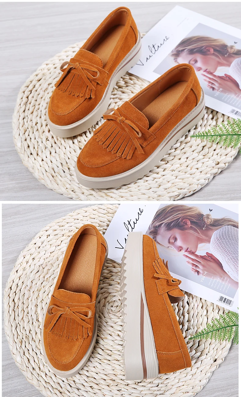 O16U Spring Women Flat Platform Shoes Suede Leather Tassel Loafers Slip on Casual Shoes Women Moccasins Ladies Creepers