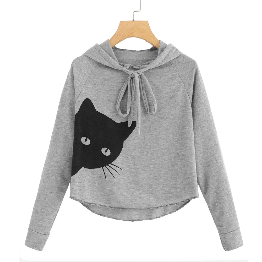 

Hoodie Women's Long Sleeves Cat Print Hooded With Bandage Rope Round Neck Sweatshirt Blusas Tops Girls Solid Color Winter Shirts