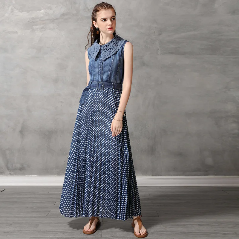 Vintage Summer Long Dress Women Sleeveless Turn Down Collar Blue Dot Patchwork Chiffon Denim Dresses W/ Belt