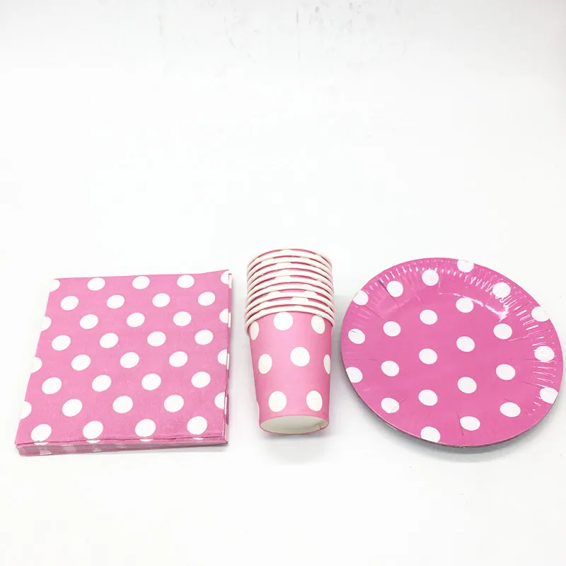 

60pcs/lot pink white dots theme birthday party decorations pink dots napkins cups plates pink white dots dots party set