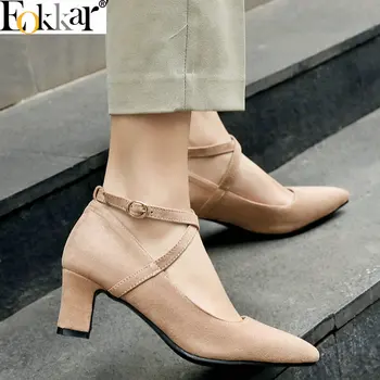 

Eokkar 2019 Women Pumps Square Heel Flock Pointed Toe Cross-tied Buckle Pink Shallow Women Shoes Ladies Pumps Big Size 34-43