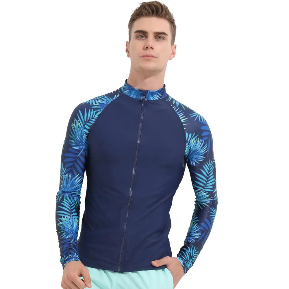 Goedkoop Bloemen Mannen Upf 50 + Lange Mouwen Rashguard Splice Uv Zon Bescherming Basic Skins Surfen Duiken Zwemmen T shirt Blauw zwart M 3XL