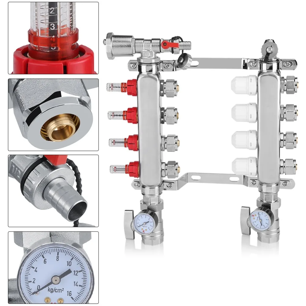 4-филиал Нержавеющая сталь напольного отопления набор коллектора регулируемый поток клапаны Система нагрева