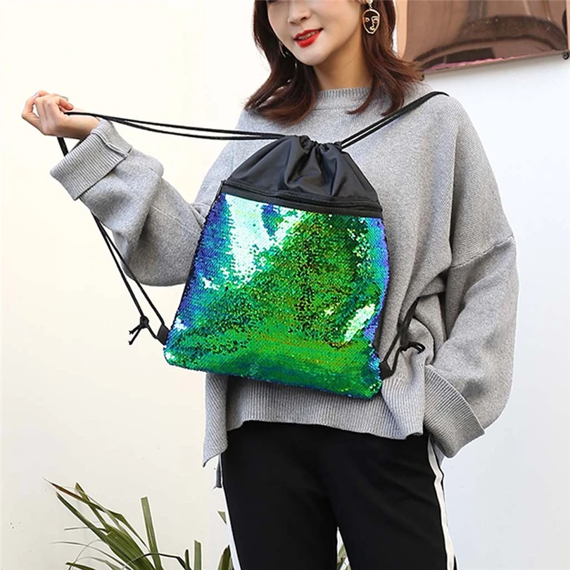 

AOTIAN Women Sequins Bunch Pocket Drawstring Bag Outdoor Fitness Package Female Drawstring Backpack Travel Storage Beach Bag A30