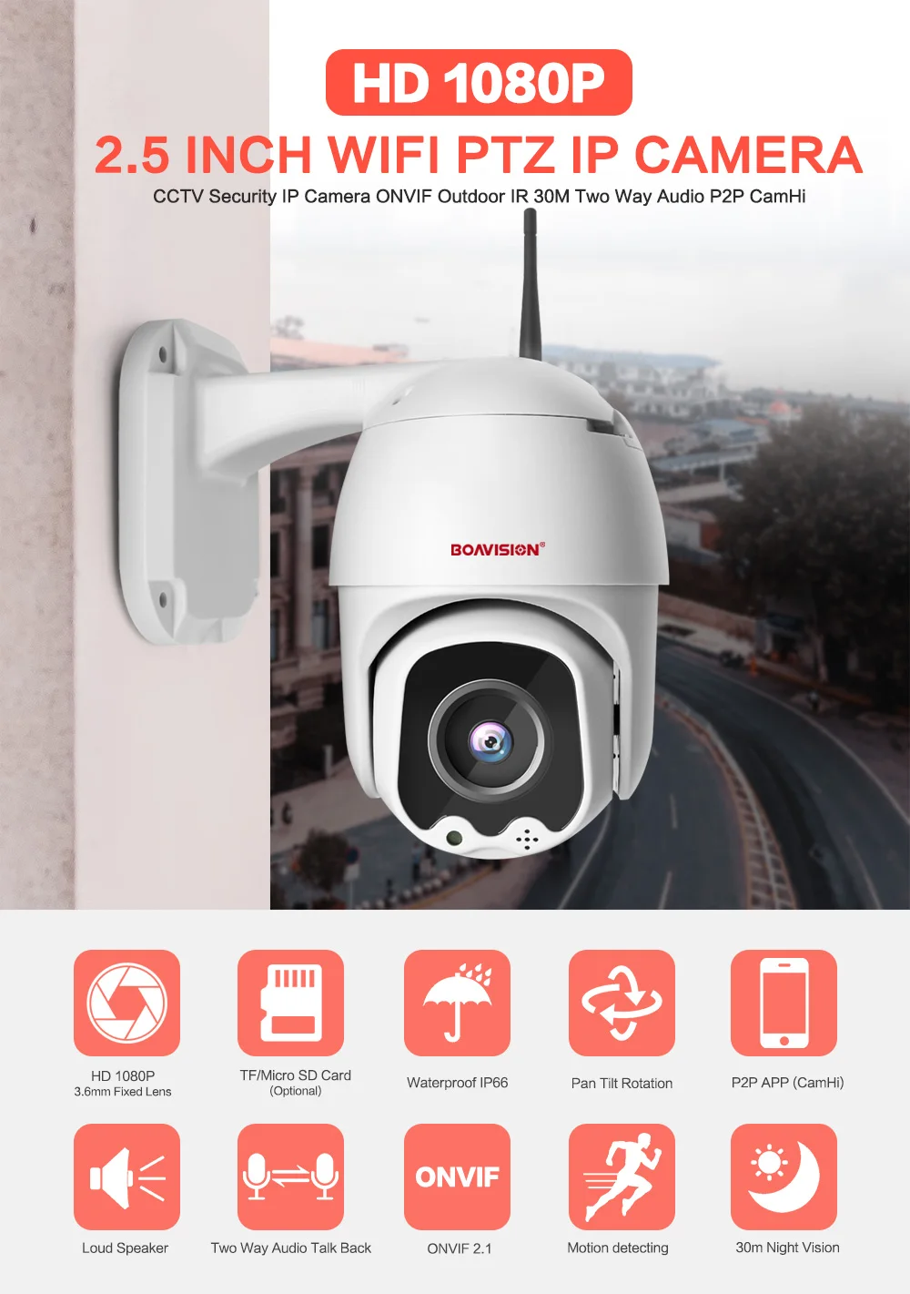 HD 1080P WiFi PTZ IP камера беспроводная Onvif уличная камера ночного видения IR 30 м скорость купольная камера видеонаблюдения приложение CamHi двухстороннее аудио