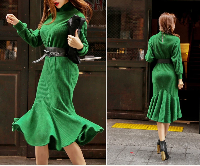 HAMALIEL, женское вязаное облегающее платье, зима, зеленое вязанное платье с длинным рукавом, приталенное, стоячий воротник, рыбий хвост, платье-свитер, свободный пояс