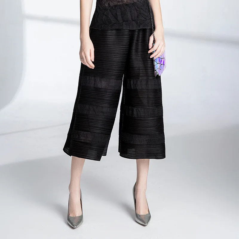 

2018 New Arrival Amygu Calf-length Office Lady Loose Woven Elastic Women Solid Pleated Wide Leg Pants