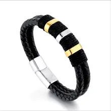 Модный повседневный Браслет Мужской панк Многослойный черный кожаный плетеный браслет из нержавеющей стали классическая магнитная пряжка