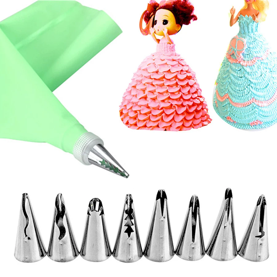 

VOGVIGO 10pcs/set Wedding Cake Decorating Icing Stainless Steel Russian Skirt Cake Nozzles Piping Tips Pastry Silicone Cake Bags