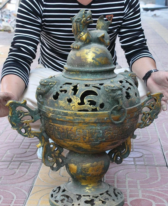 

24" Old China Bronze Gilt Phoenix Handle Lion Head Statue Incense Burner Censer