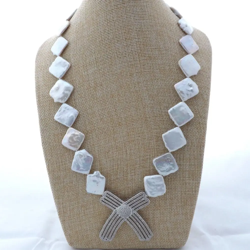 

K112903 22'' White Square Keshi Pearl Necklace CZ Pendant