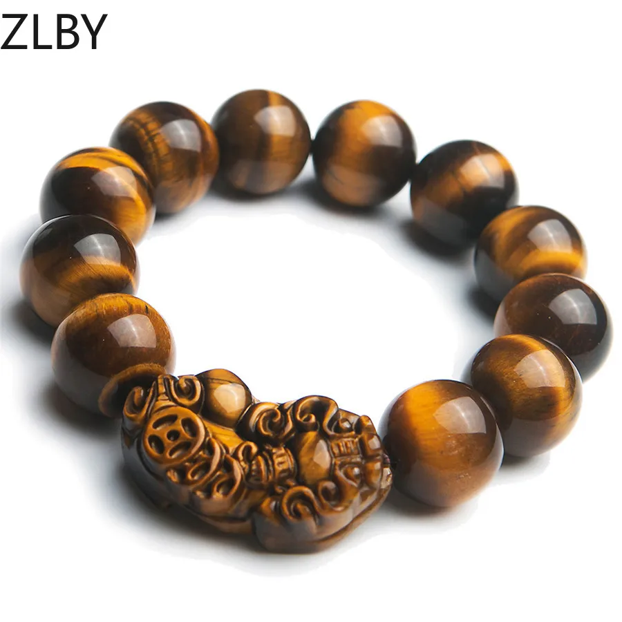 

18mm Genuine Yellow Natural Tiger's Eye Gems Stone Stretch Crystal Big Round Bead Power Bracelets For Women Men