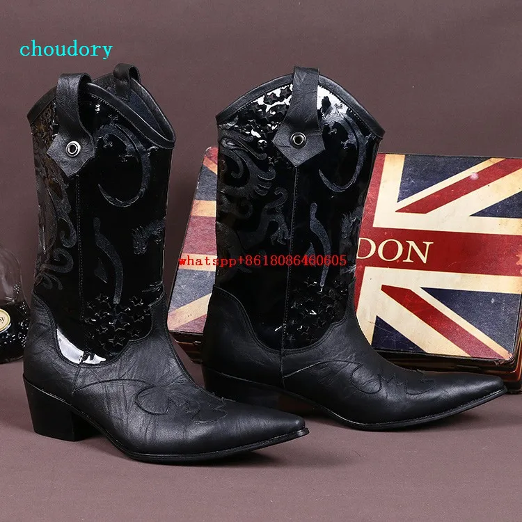 Choudory Luxury high heels italian military boots high top pointed toe embroidery cowboy boots dress wedding shoes mans size12