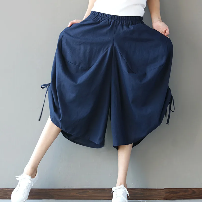 

#0654 Summer Big Size Casual Wide Leg Pants Women Asymmetrical Bloomers Pants Female Loose Calf-length Cotton Linen Pants Tide