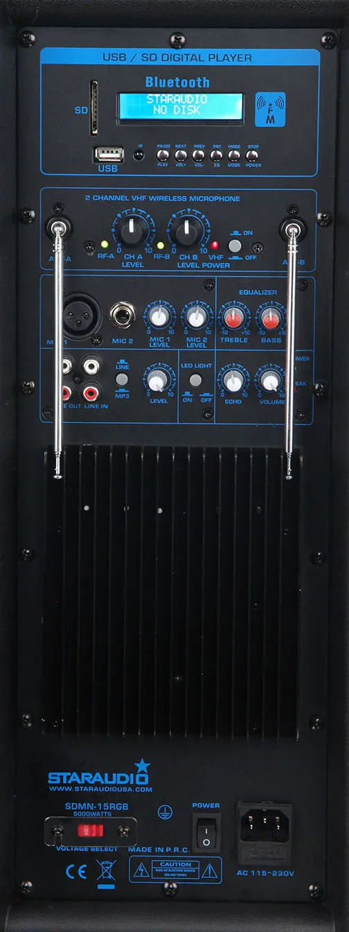 staraudio dual pro 5000W dual 15 powered pa stage speaker usb sd bluetooth led light 2ch vhf wireless mics system amp