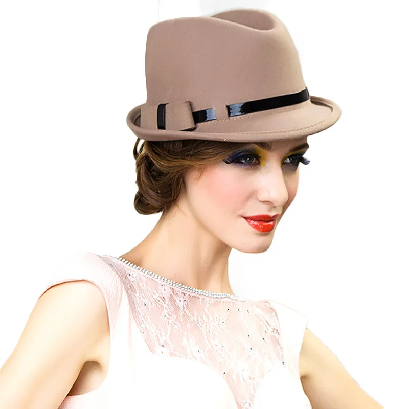 FS осенне-зимняя женская шерстяная фетровая шляпа с широкими полями, винтажная шляпа в стиле Трилби, фетровые шляпы цвета хаки, Панамы, церковные шляпы, женские Джазовые кепки - Цвет: Хаки