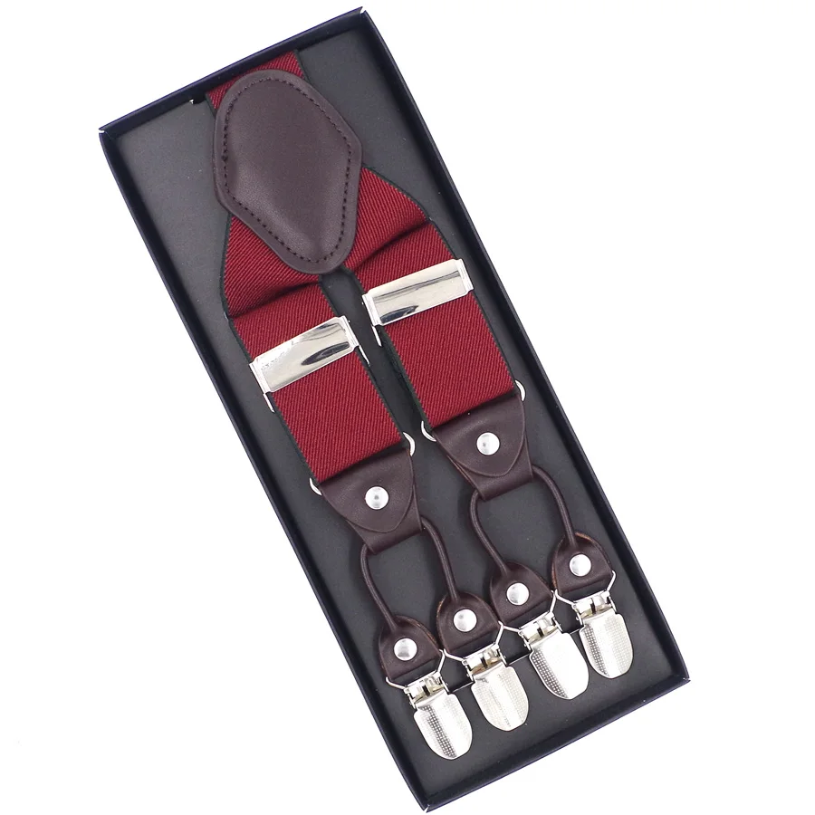 Man's Suspenders Leather 6 clips Braces Male Vintage Casual Suspensorio Tirantes Trousers Strap Father/Husband's Gift 3.5*120cm - Color: Red