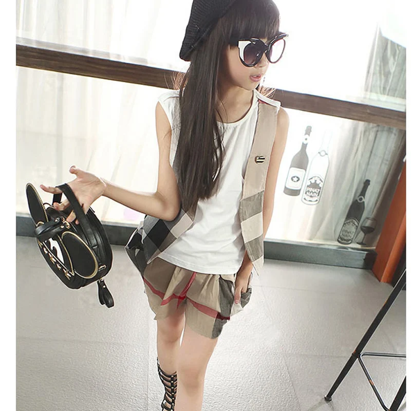 

little teenage girls children clothing sets plaid sleeveless vest tops and shorts kids clothes sets spring summer 2016