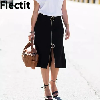 

Flectit Women Front Zip Up Maxi Pencil Skirt with Double O-Ring Pocket Bodycon Long Skirts in Black Plus Size XXL *