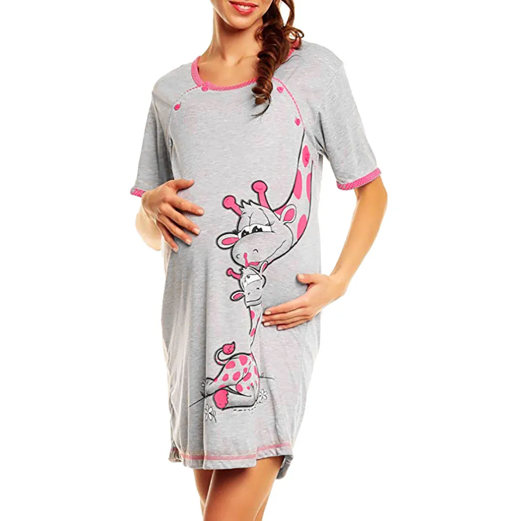 Платье для беременных, женская ночная рубашка с короткими рукавами и рисунком, хлопковая повседневная одежда для беременных, летнее платье для беременных, большие размеры XXL - Цвет: Розовый