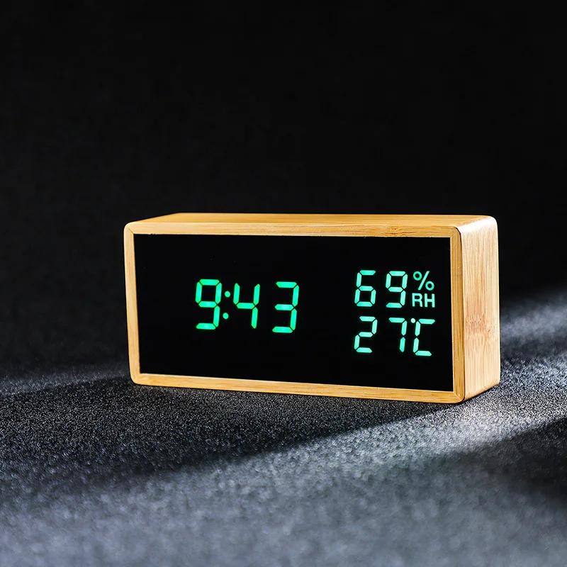  Digital Alarm Clock LED Desk Clock Temperature and Humidity Alarm Watch Bamboo Sound Control Quartz