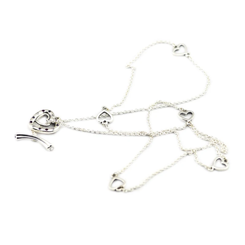 

925 Sterling Silver Bright Hearts Necklace For Women Original Charms Fits European Style Jewelry CKK