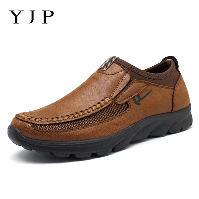 

YJP PU Leather Men Shoes Casual Slip On Shoes Men Summer Flats Hand Sewing Patchwork Sole Sole Loafers Vintage Walking Flats