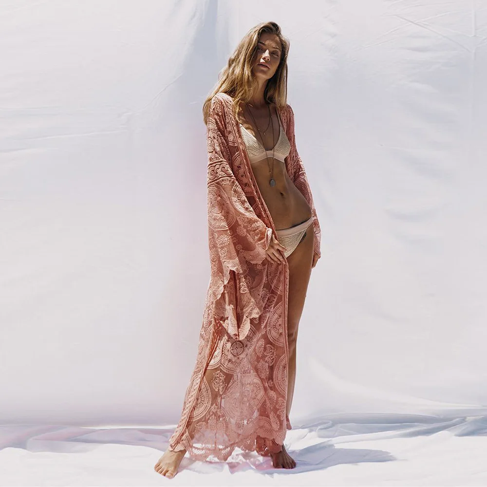 Lace Cardigan for Women Boho Floral Long Sleeve Beach Swimsuit Bikini Cover Up Long Cardigan Holiday Loose Outwear Maxi Tops