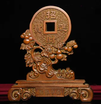 

christmas 8" Chinese Folk Feng Shui Boxwood Wood Carving Wealth Coin Gourd Statue Screen
