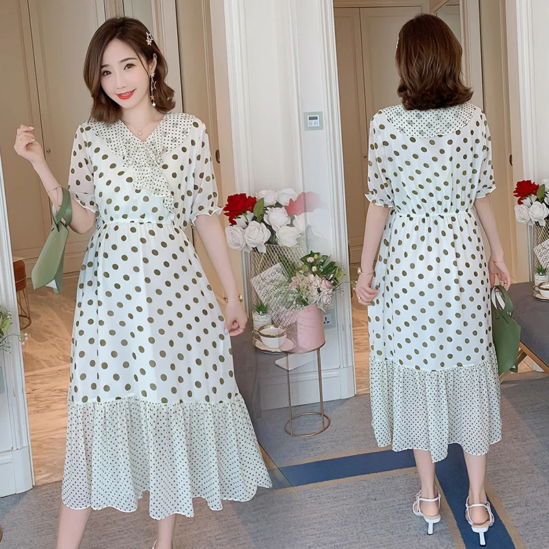 Pregnant Women Summer Chiffon Breastfeeding Dress Short Sleeve Ruffles Collar Empire Dress Maternity Polka Dot Nursing Dress