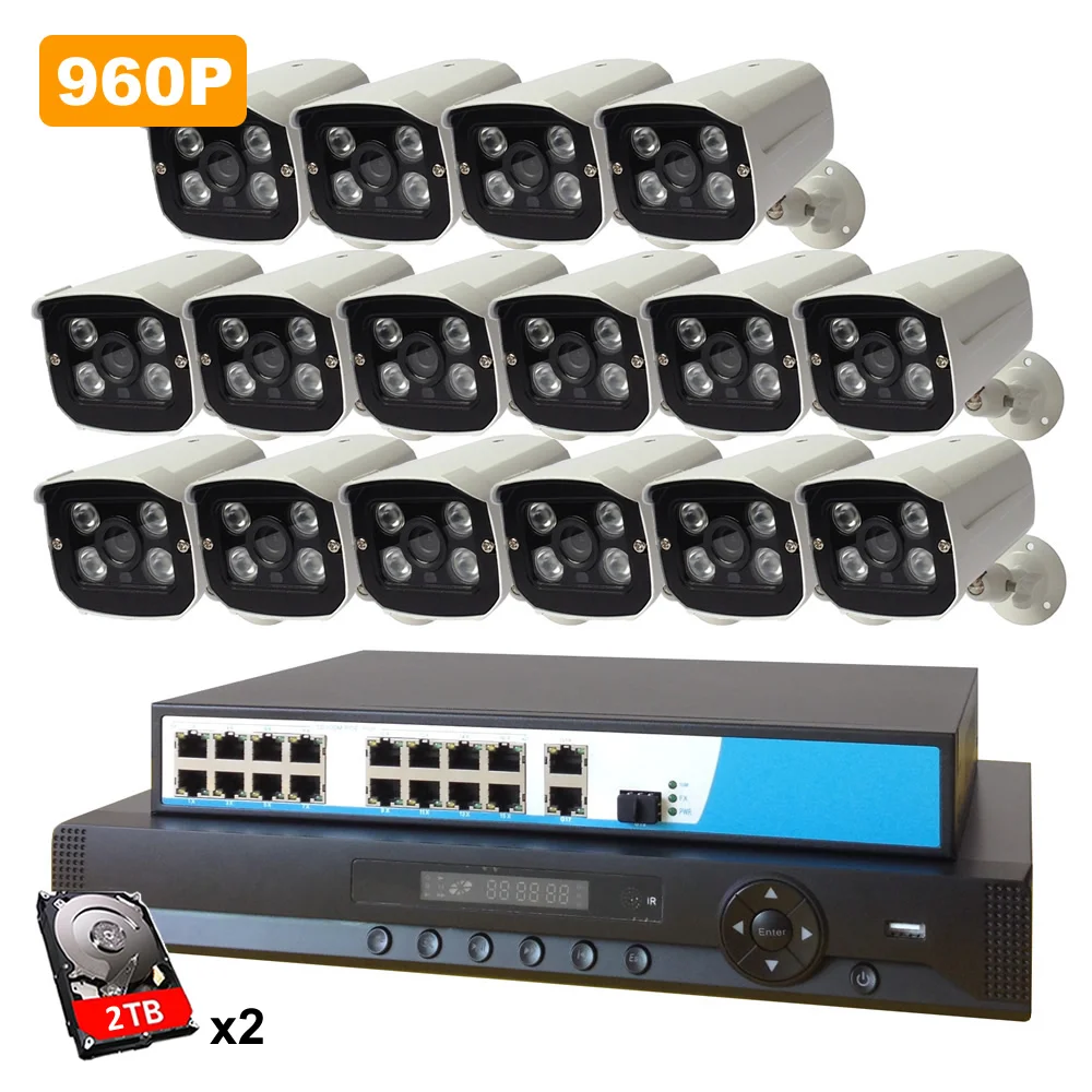 16ch POE Система безопасности 960P NVR комплект + 4 ТБ HDD PoE коммутатор 1.3MP наружная IP