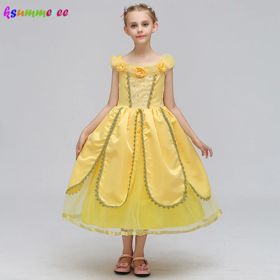 Cartoon Girls Belle Dress Kids Yellow Fancy Dress For Cosplay Costume Beauty Beast Ball Gown Kids Carnival Halloween Dresses Dresses Aliexpress